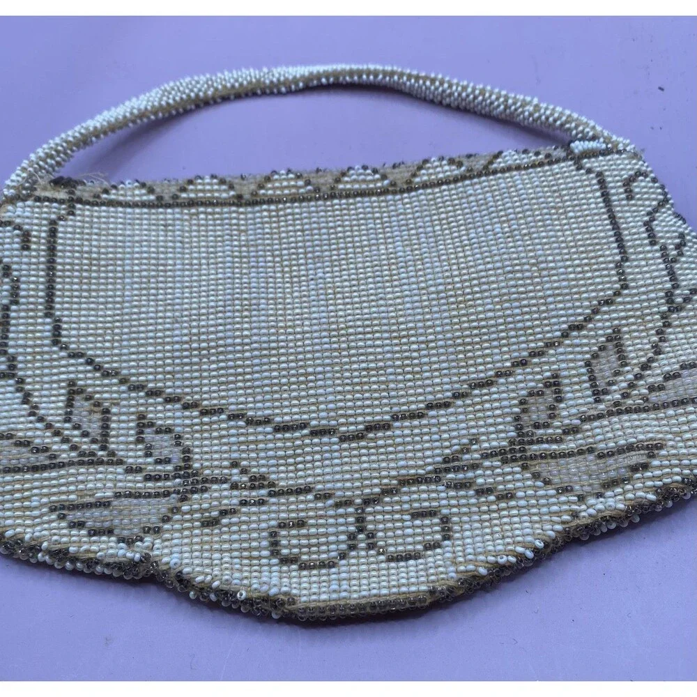 Vintage Beaded Evening Bag Purse Womens Ivory Cream Floral Flap Handheld *READ*